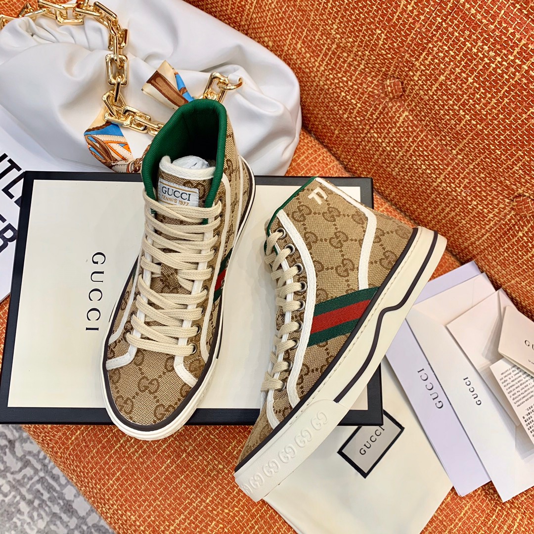 [GUCCI] 20SS 구찌 테니스 1977 스니커즈 하이탑 베이지/에보니 GG 캔버스 남녀공용